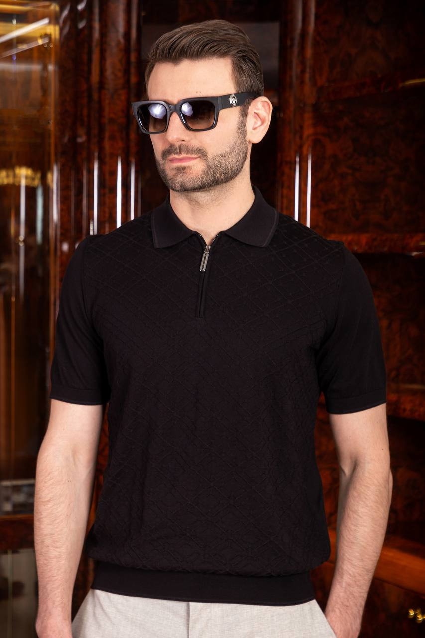 

Black polo shirt with patterned silk Stefano Ricci