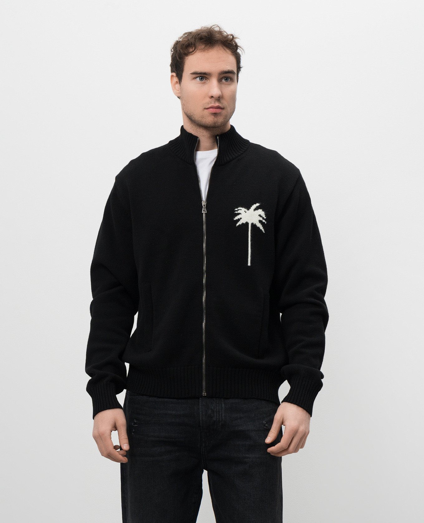 Black merino wool cardigan with woven palm tree pattern Palm Angels 3