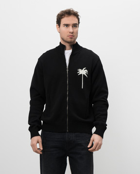 Palm Angels Black merino wool cardigan with woven palm tree pattern PMHA061S25KNI001