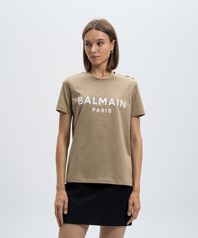 Balmain - Beige t-shirt with logo print BF1EF005BB02 - shop
