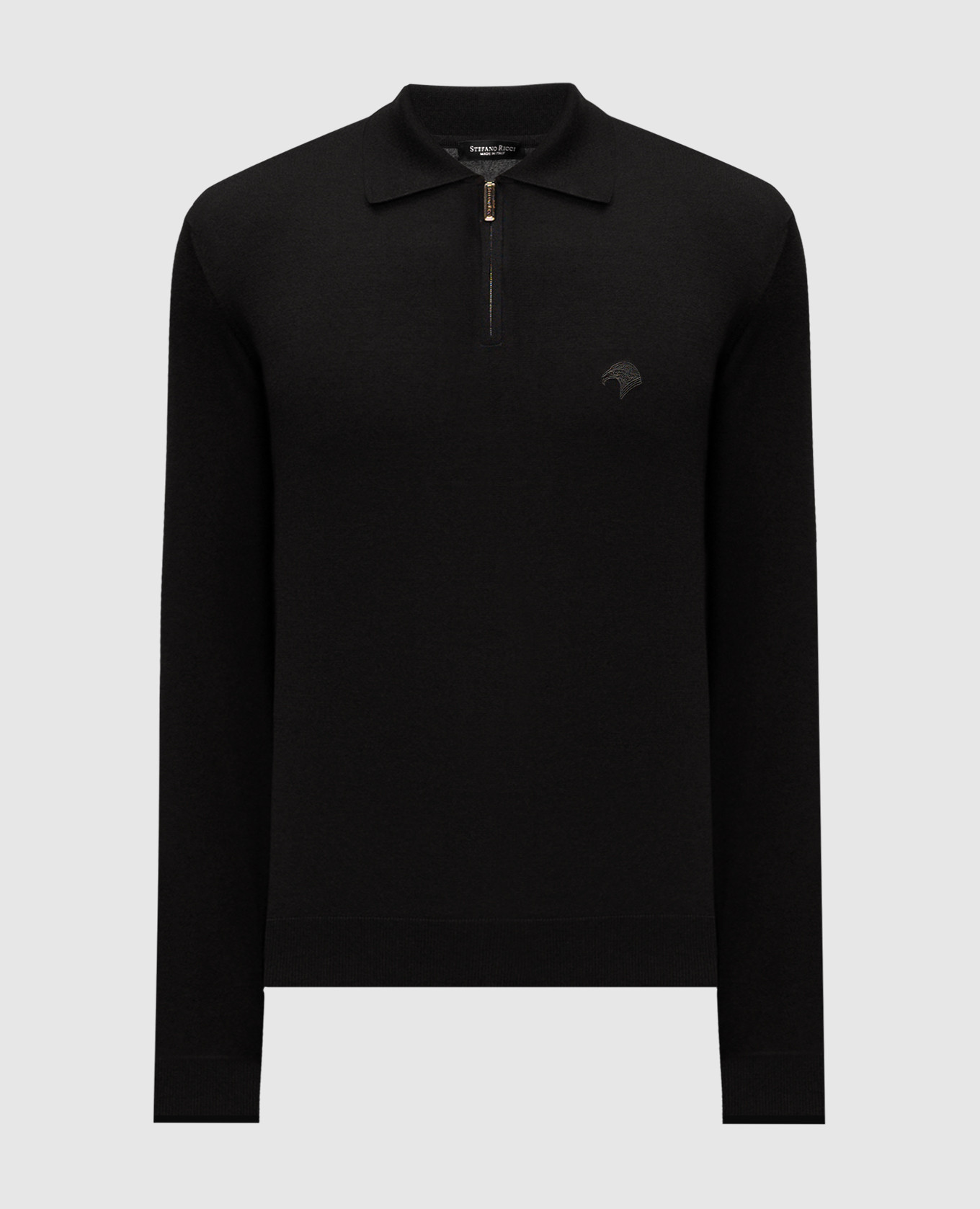 Black wool polo with eagle head logo embroidery