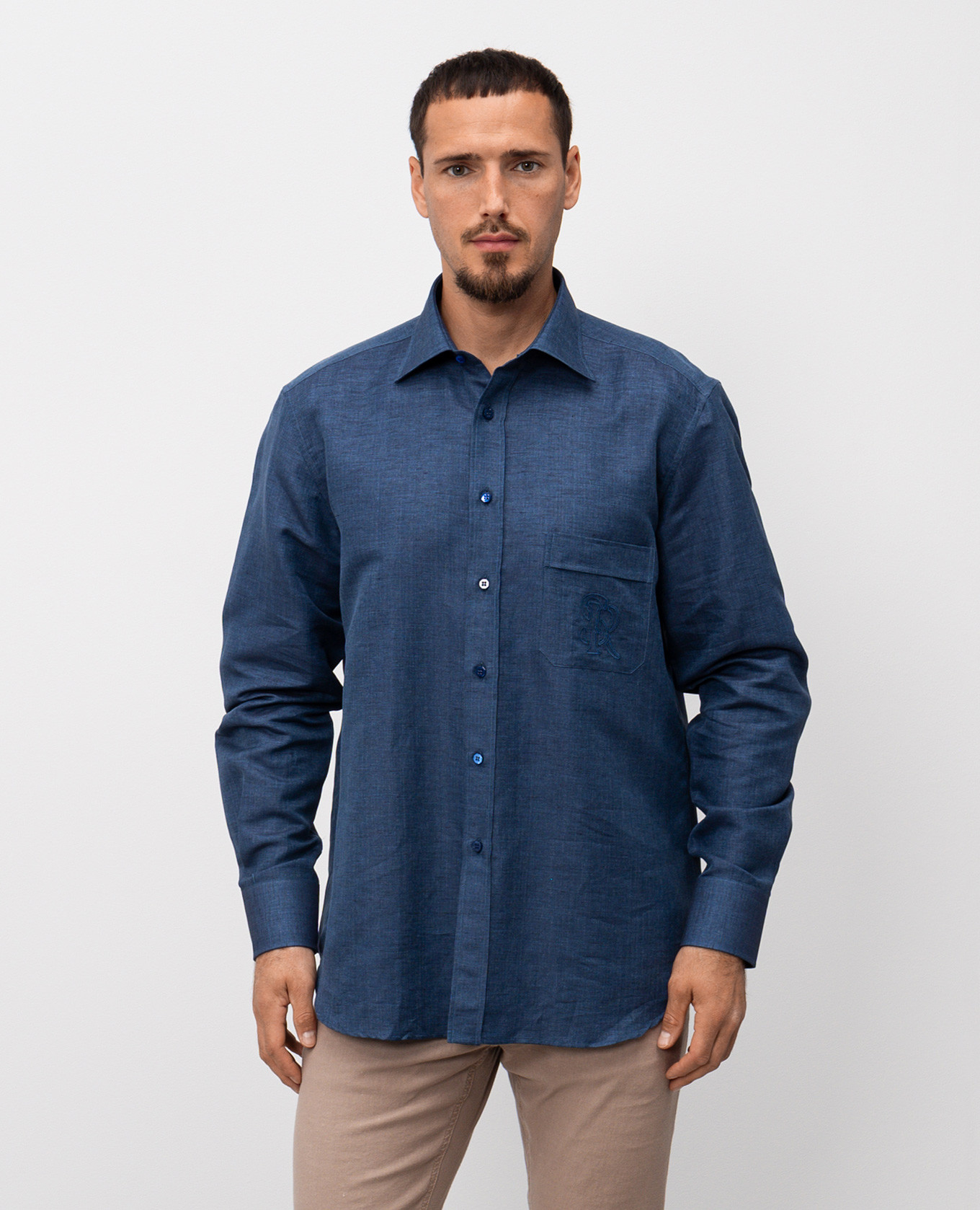 

Blue linen shirt with embroidered monogram logo Stefano Ricci