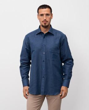 Stefano Ricci Blue linen shirt with embroidered monogram logo MC007718R2952