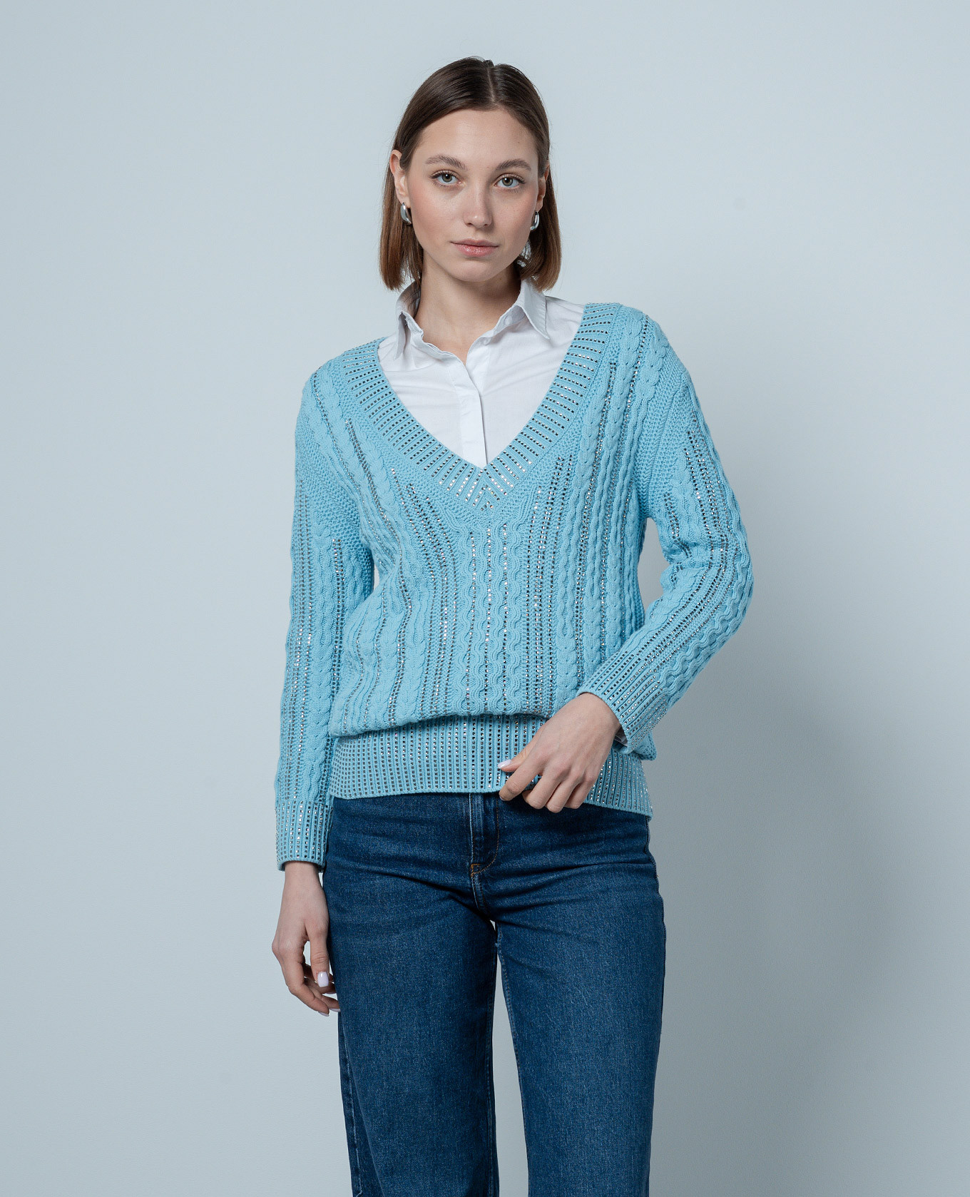 Blue pullover with a textured pattern with crystals Ermanno Scervino 3
