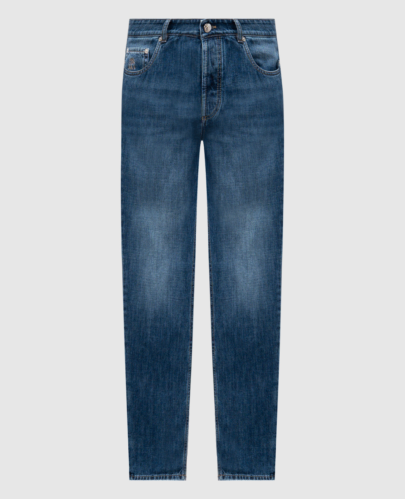 Blue jeans with leather logo patch Brunello Cucinelli