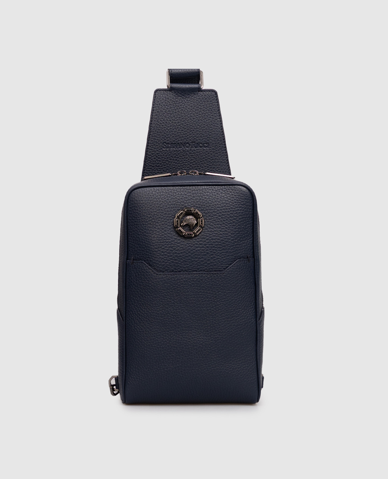 

Blue leather sling bag with ruthenium-plated emblem Stefano Ricci