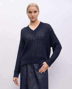 Brunello Cucinelli Blue openwork pullover with monil chain MSB581812