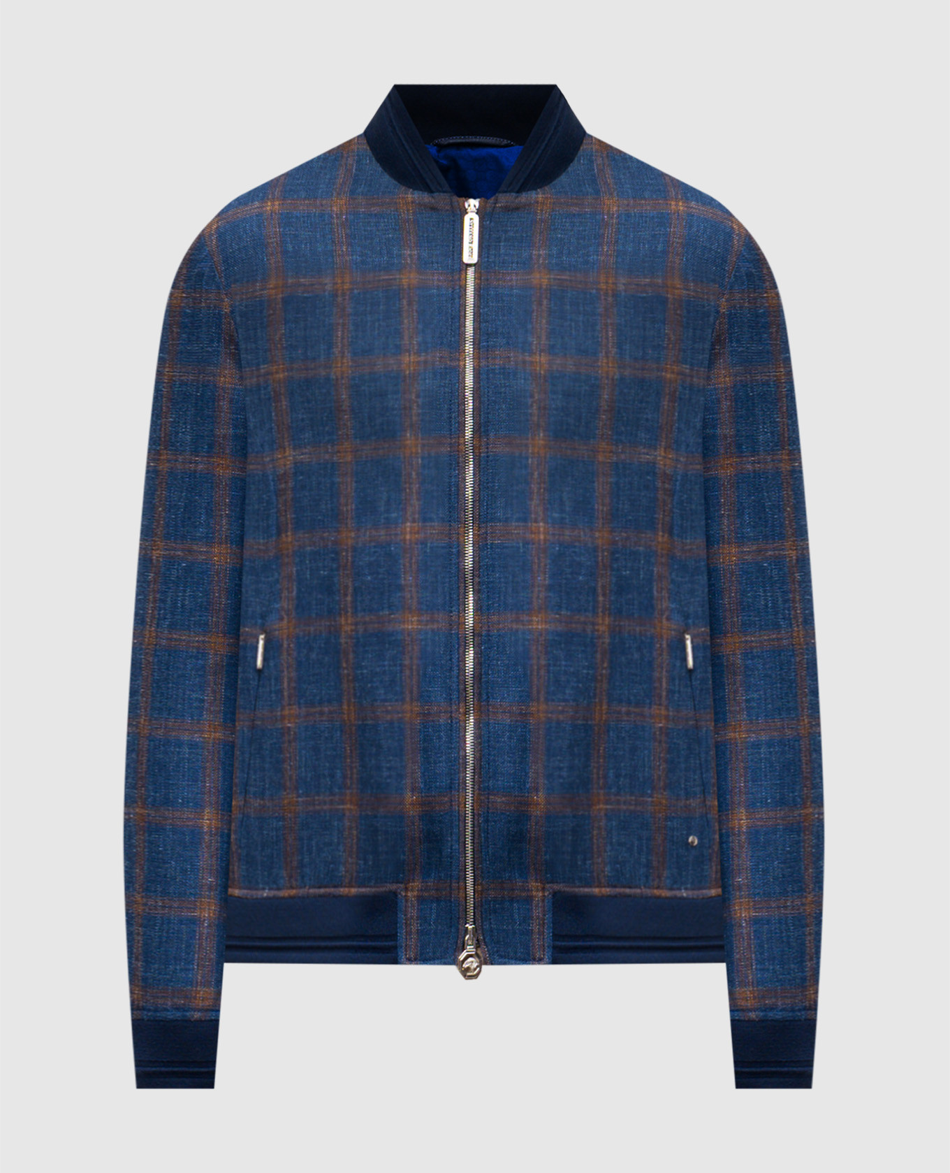 Blue wool, cashmere, silk and linen check bomber jacket Stefano Ricci