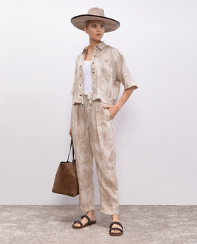 Brunello Cucinelli Beige linen pants with a floral pattern MB650P8597