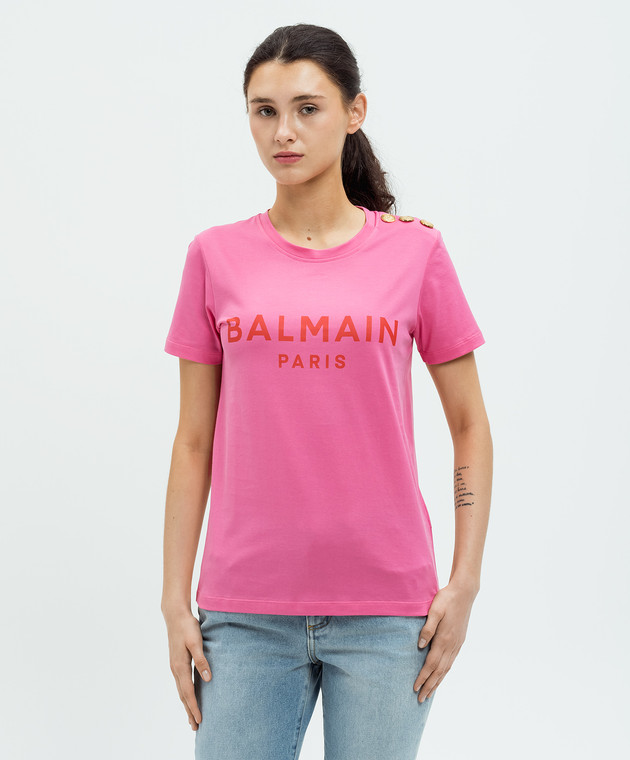 Balmain - Pink t-shirt with logo print BF1EF005BB02 - shop with