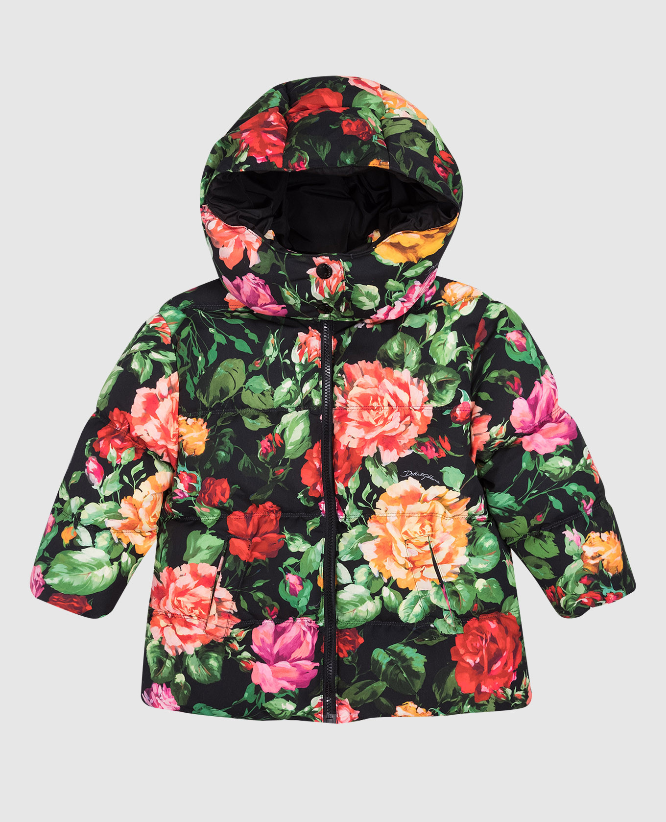 Children's black down jacket in a floral print dolce&gabbana