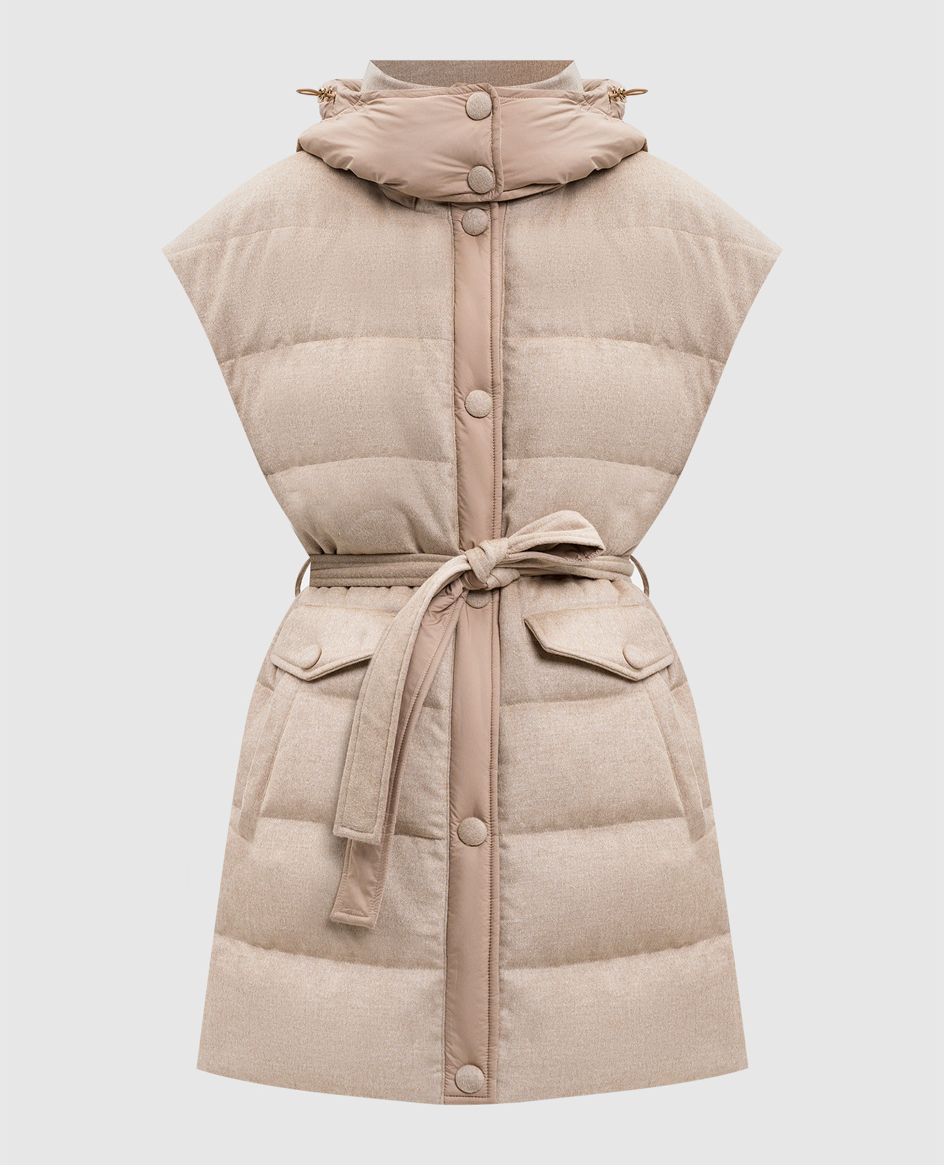 Beige elongated down vest made of silk and wool