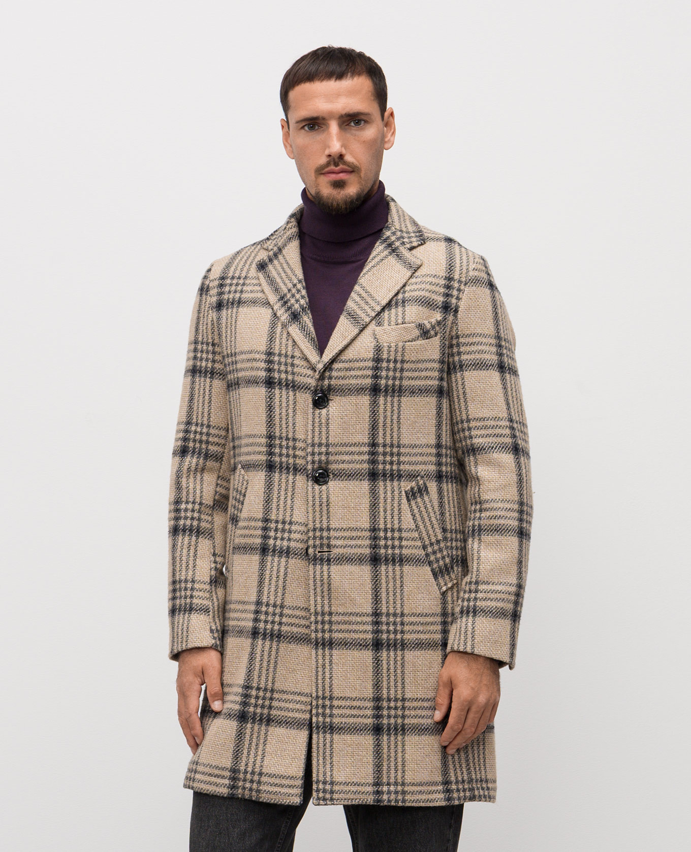 

Beige wool check coat Exibit