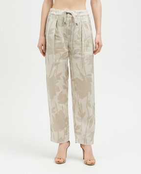 Brunello Cucinelli Beige linen pants in plant print MB650P8597