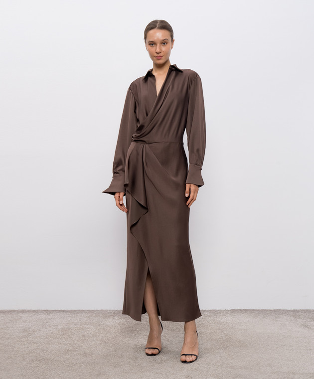 simkhai brown dress Talita draped satin wrap dress in brown - Simkhai