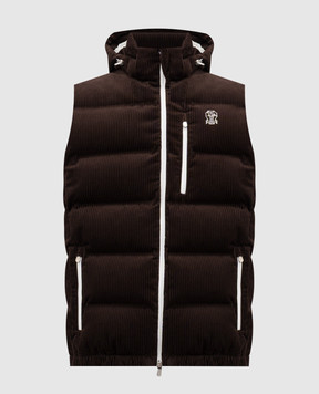Brunello Cucinelli Brown corduroy down vest with embroidered emblem MM180KG10