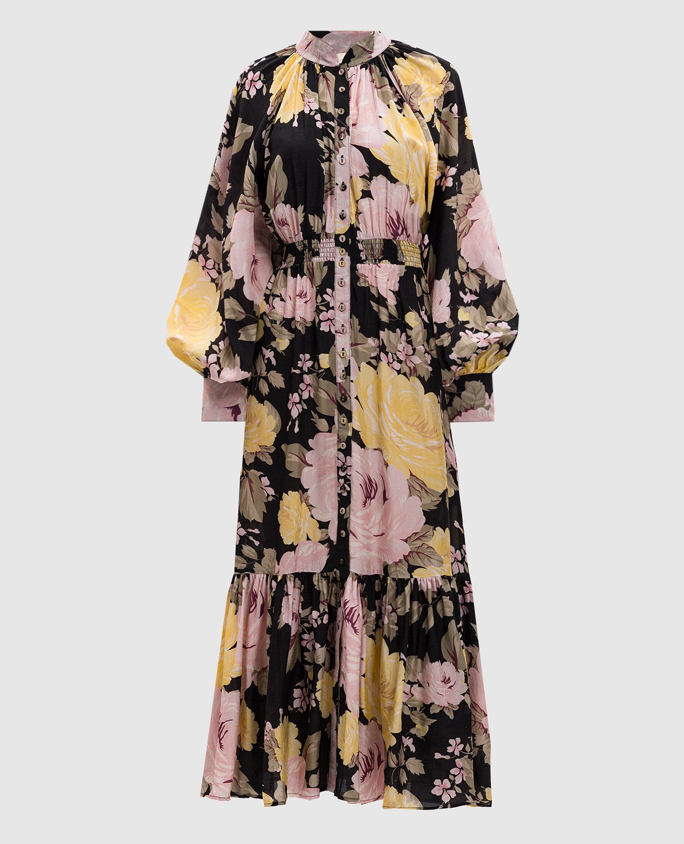 

Black floral print ruffle maxi shirt dress byTimo