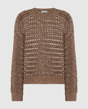 Brunello Cucinelli Brown openwork sweater with silk and linen with sequins MEA360400P