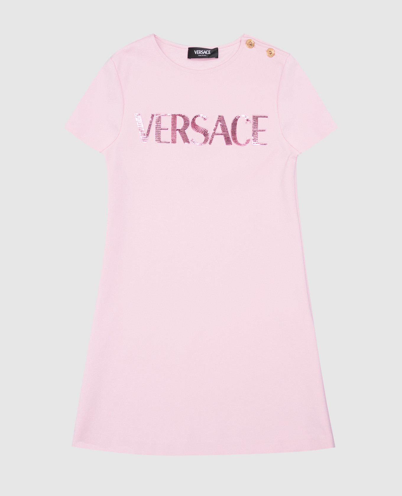 Children&#39;s pink dress with sequin logo Versace