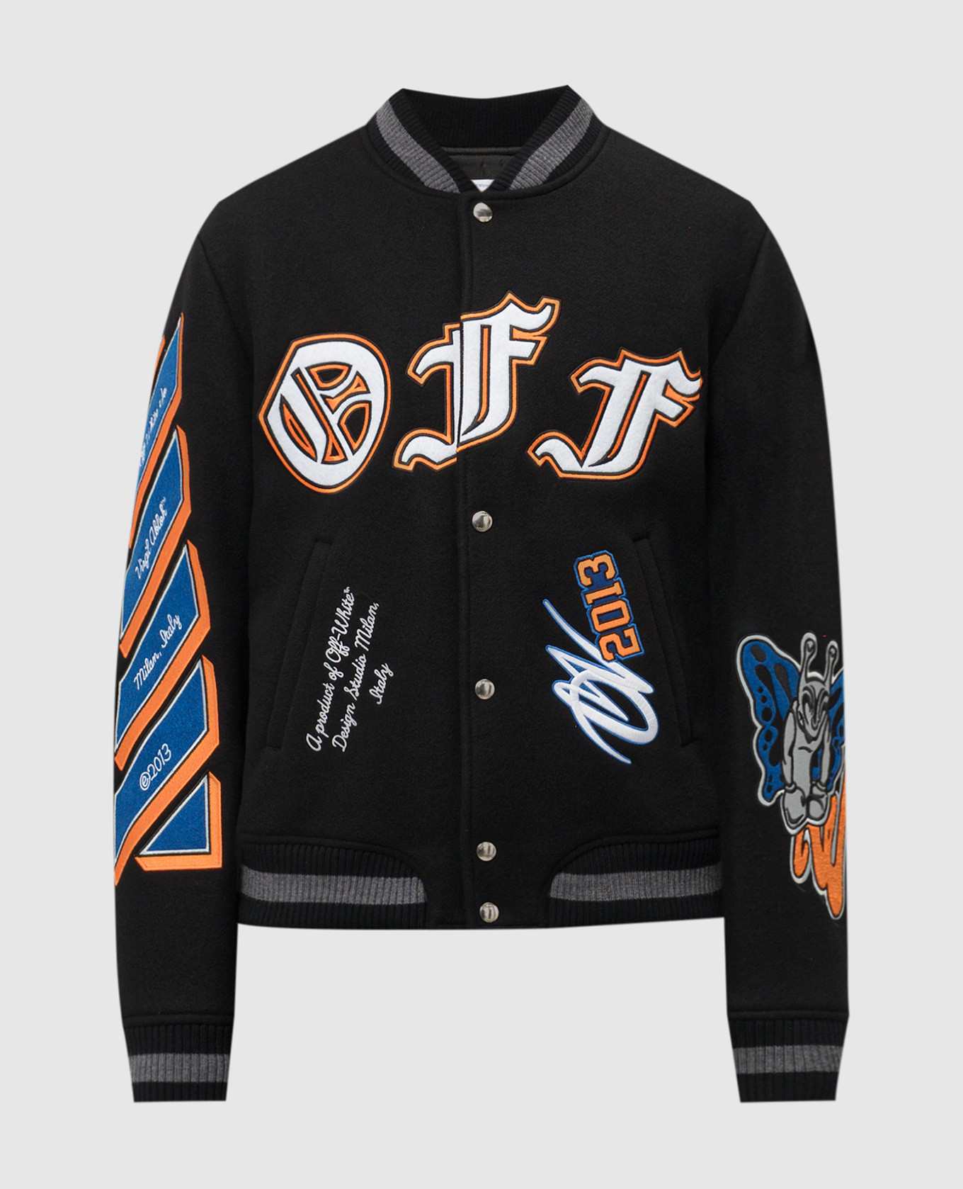 Black wool bomber jacket with branded patches off-white