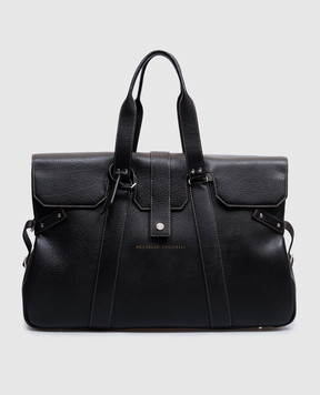 Brunello Cucinelli Borsa da viaggio in pelle nera con logo Weekender Country MBZIBU429