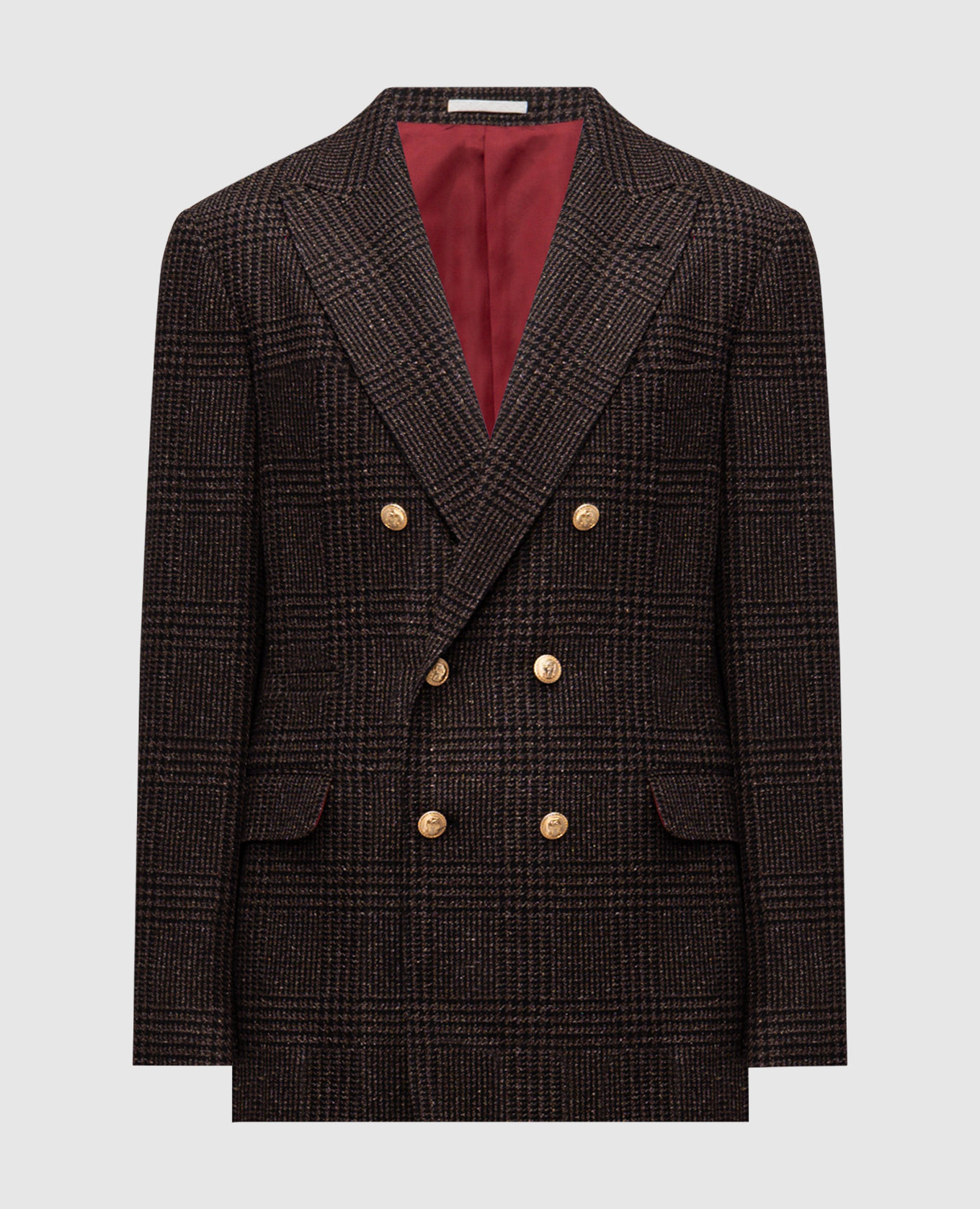 

Brown double-breasted wool and silk check jacket Brunello Cucinelli
