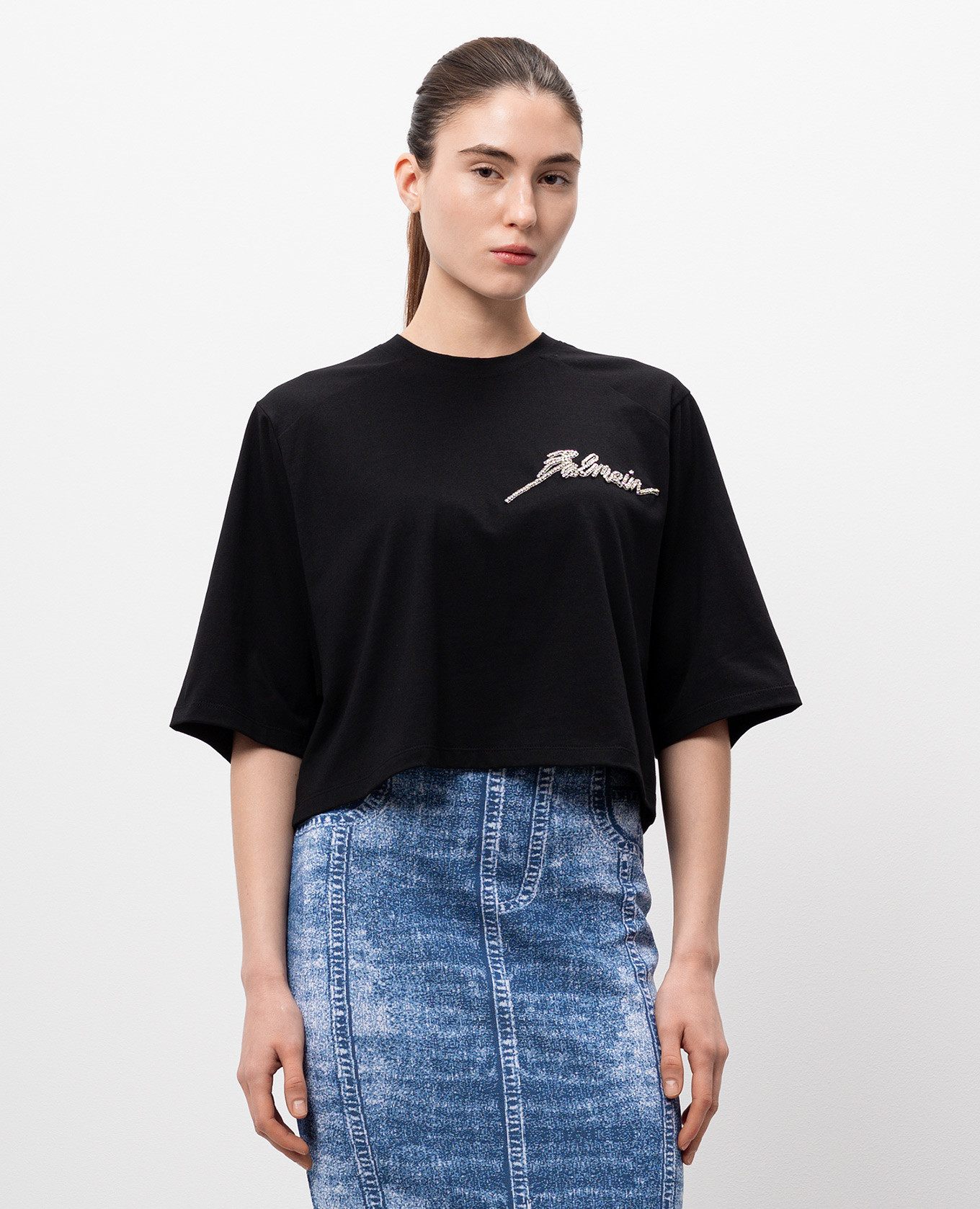 

Black cropped T-shirt with crystals Balmain