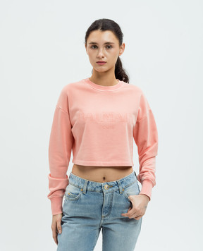 Balmain Orange cropped sweatshirt with logo print DF1JO006BC72