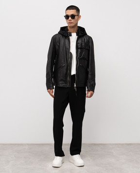 C.P. Company Black leather jacket with logo patch MOW297A110457L