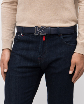 Kiton Blue leather belt with monogram logo USC20PN01098