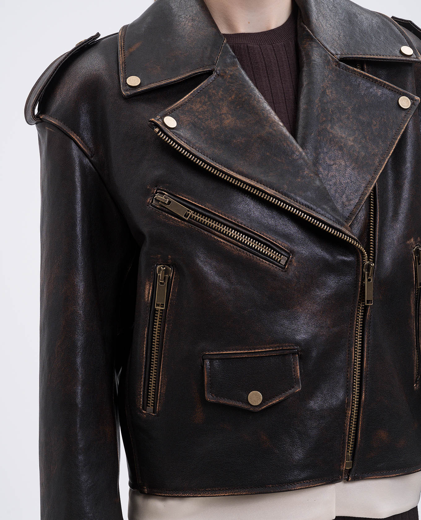 

Brown leather biker jacket with a worn effect Babe Pay Pls