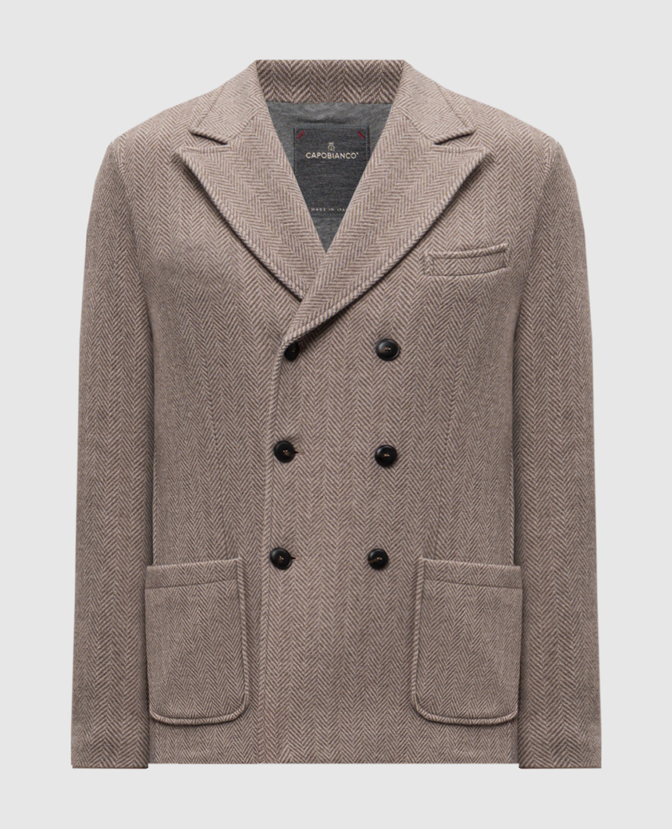 Beige double-breasted coat with patterned wool capobianco