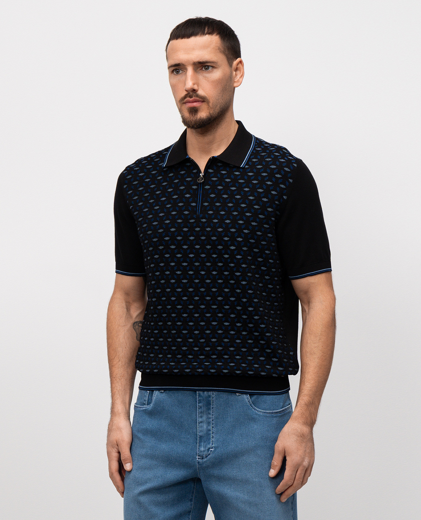 

Black polo shirt with patterned silk Stefano Ricci