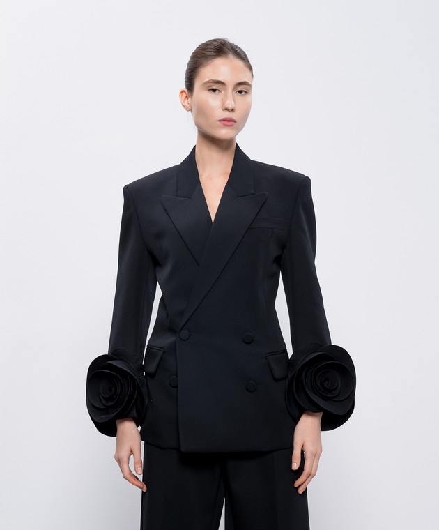 Valentino - Black double-breasted wool jacket with floral appliqué