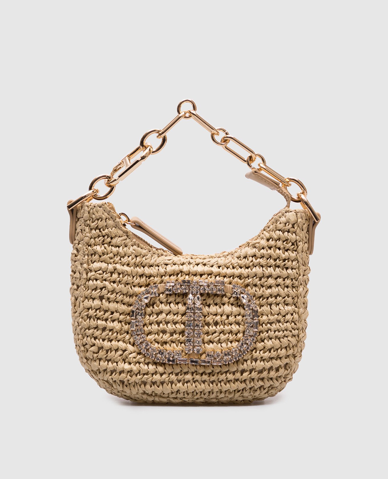 

Beige Mini Croissan woven hobo bag with emblem Twinset