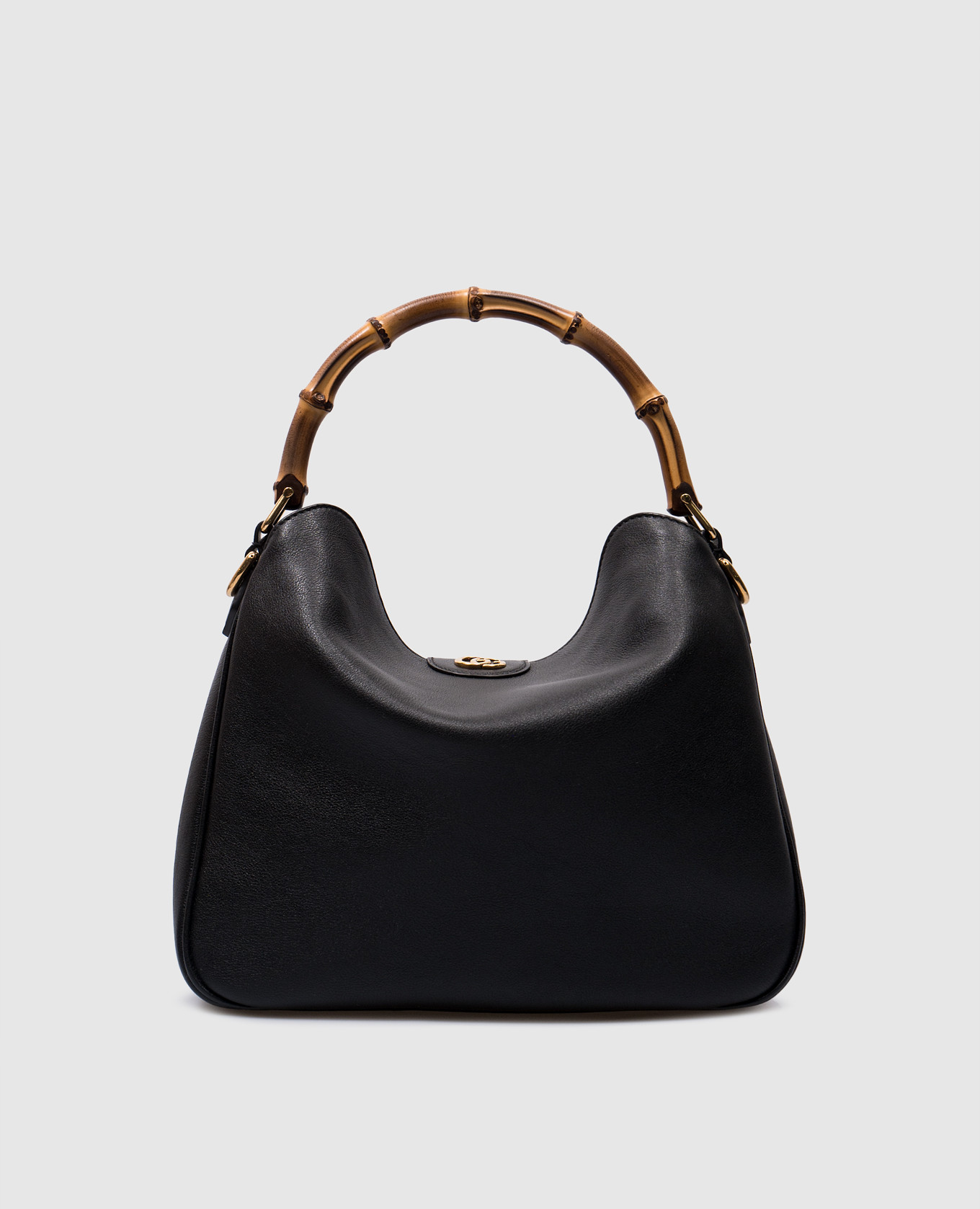 

Black leather bag with metal logo and bamboo handle Gucci
