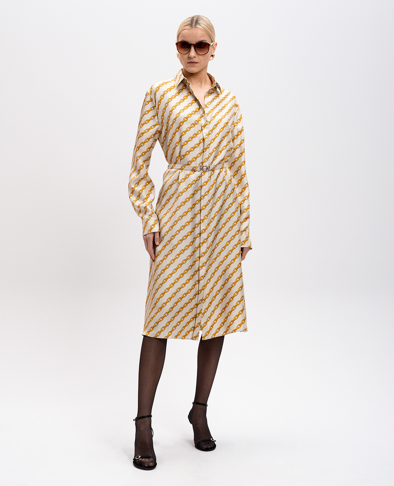 Beige Chain Stripes Silk Shirt Dress Versace 2