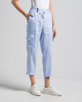 Peserico Blue linen cargo pants with logo patch P0405602600
