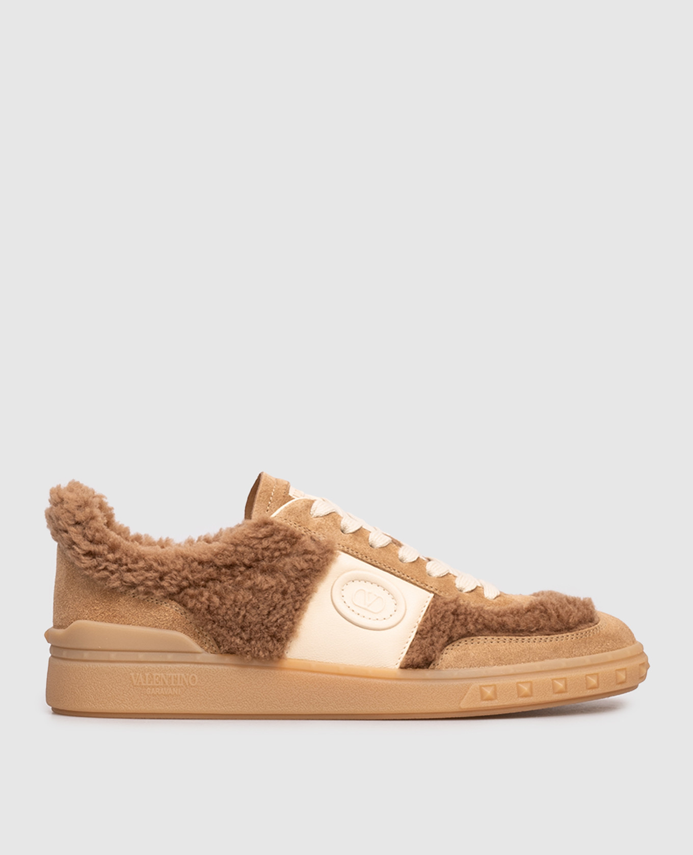 Beige suede sneakers with fur Valentino