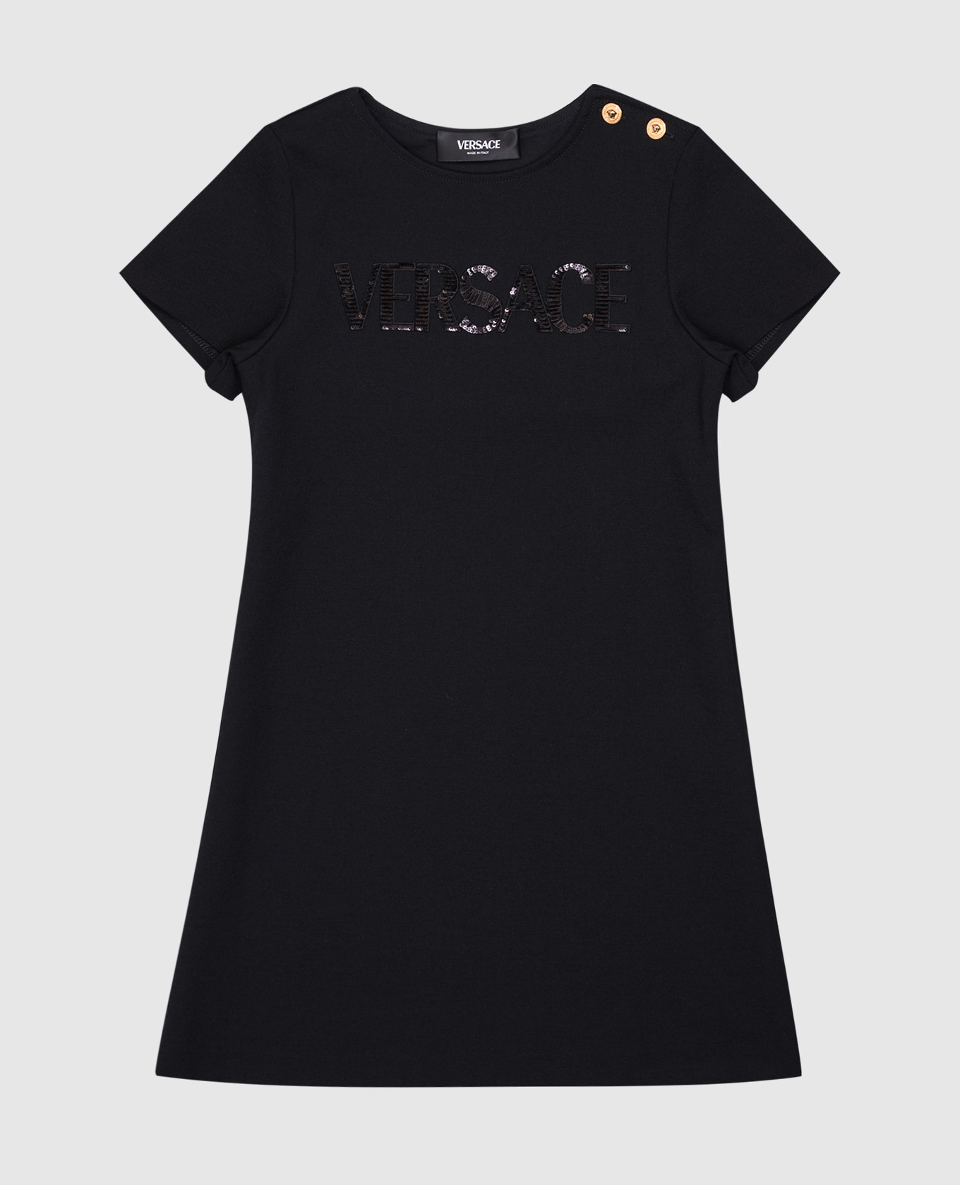 Children&#39;s black dress with sequin logo Versace