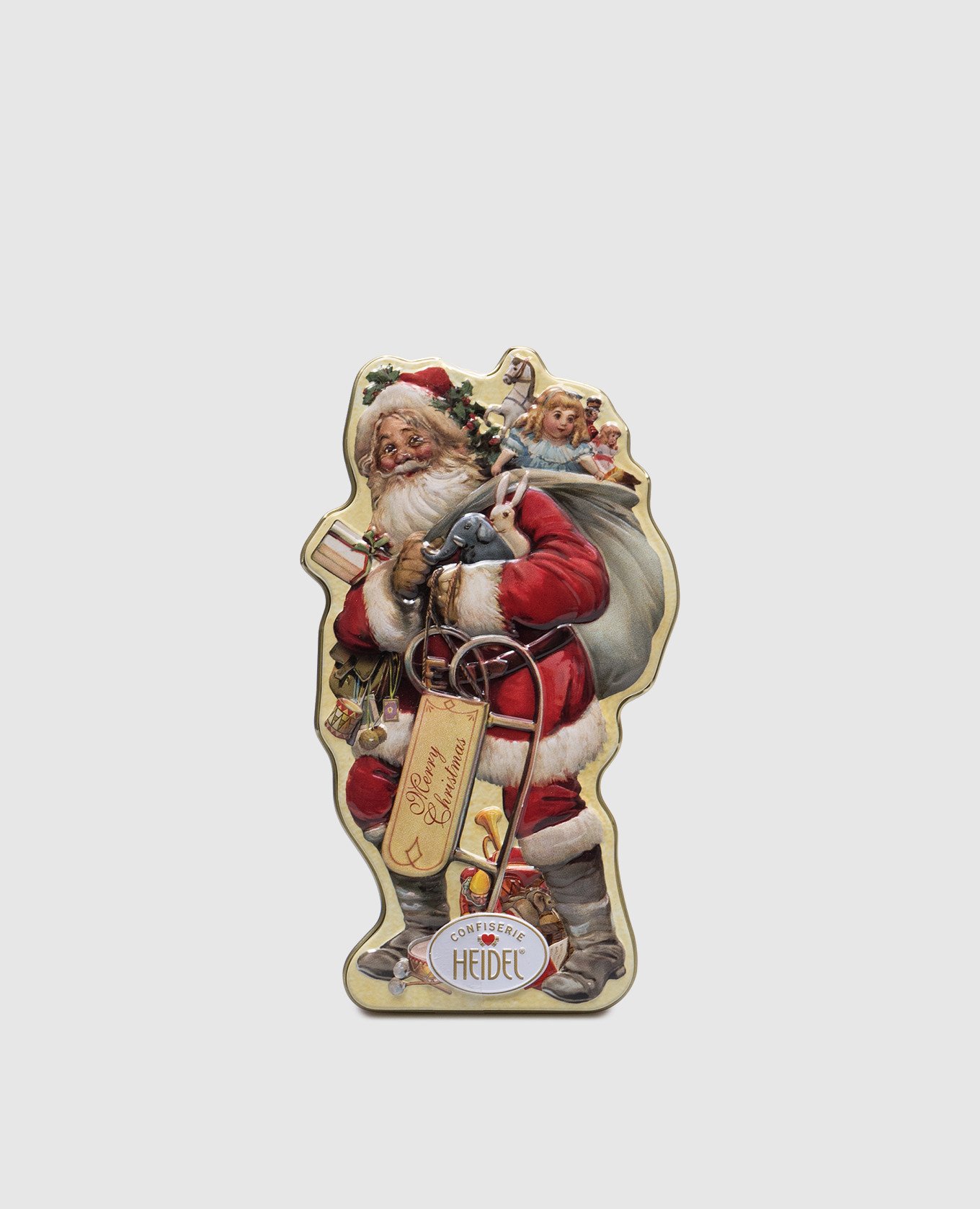 

A set of milk chocolate pralines "Christmas Nostalgi" in a gift box in the form of Santa Claus Heidel, Yellow