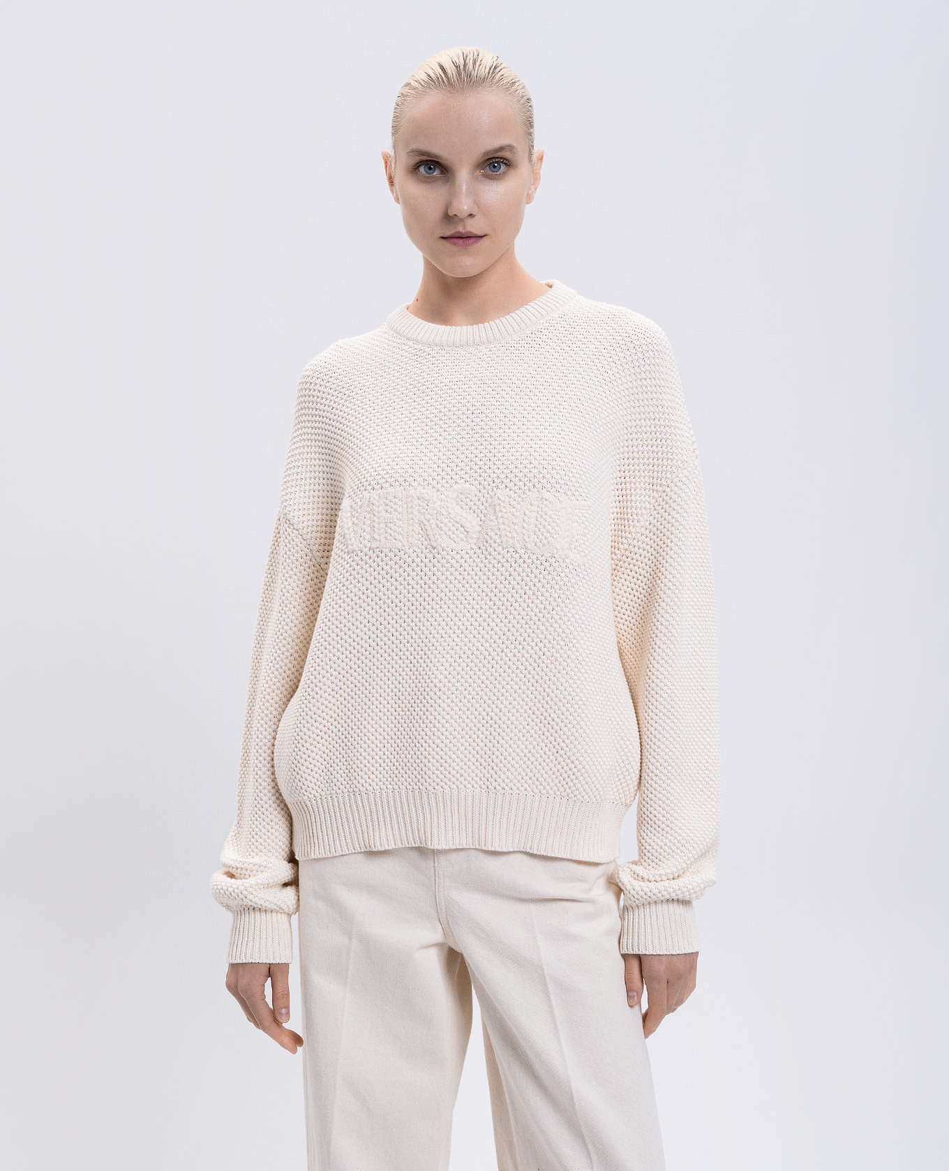 Beige sweater with logo pattern Versace 3