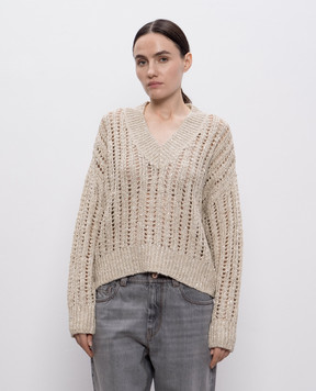Brunello Cucinelli Beige openwork pullover Dazzling with silk and linen MEA393102