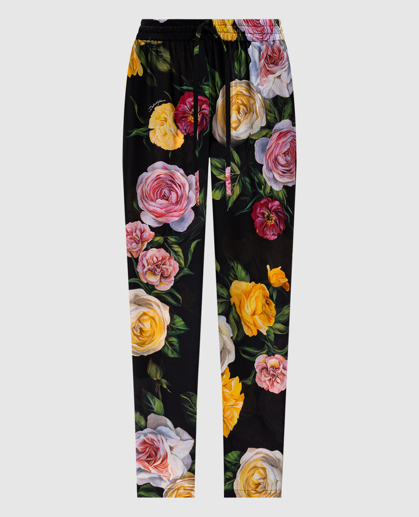 

Black silk pants with peony and rose print Dolce&Gabbana