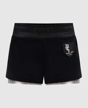 Plein Sport Black combined jump down shorts with logo patch WJT0126