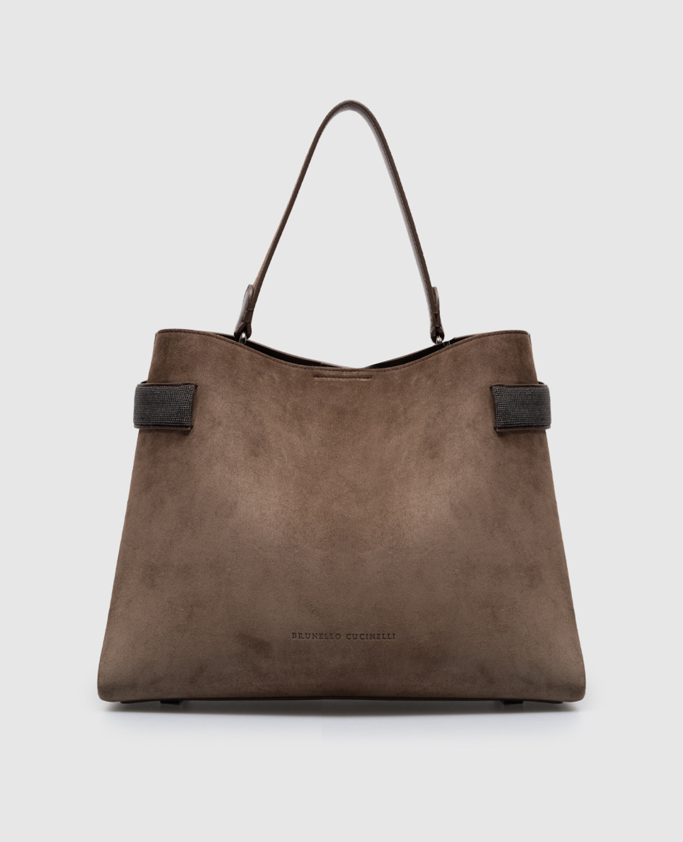 

Brown suede trapeze bag with logo embossed monil chain Brunello Cucinelli