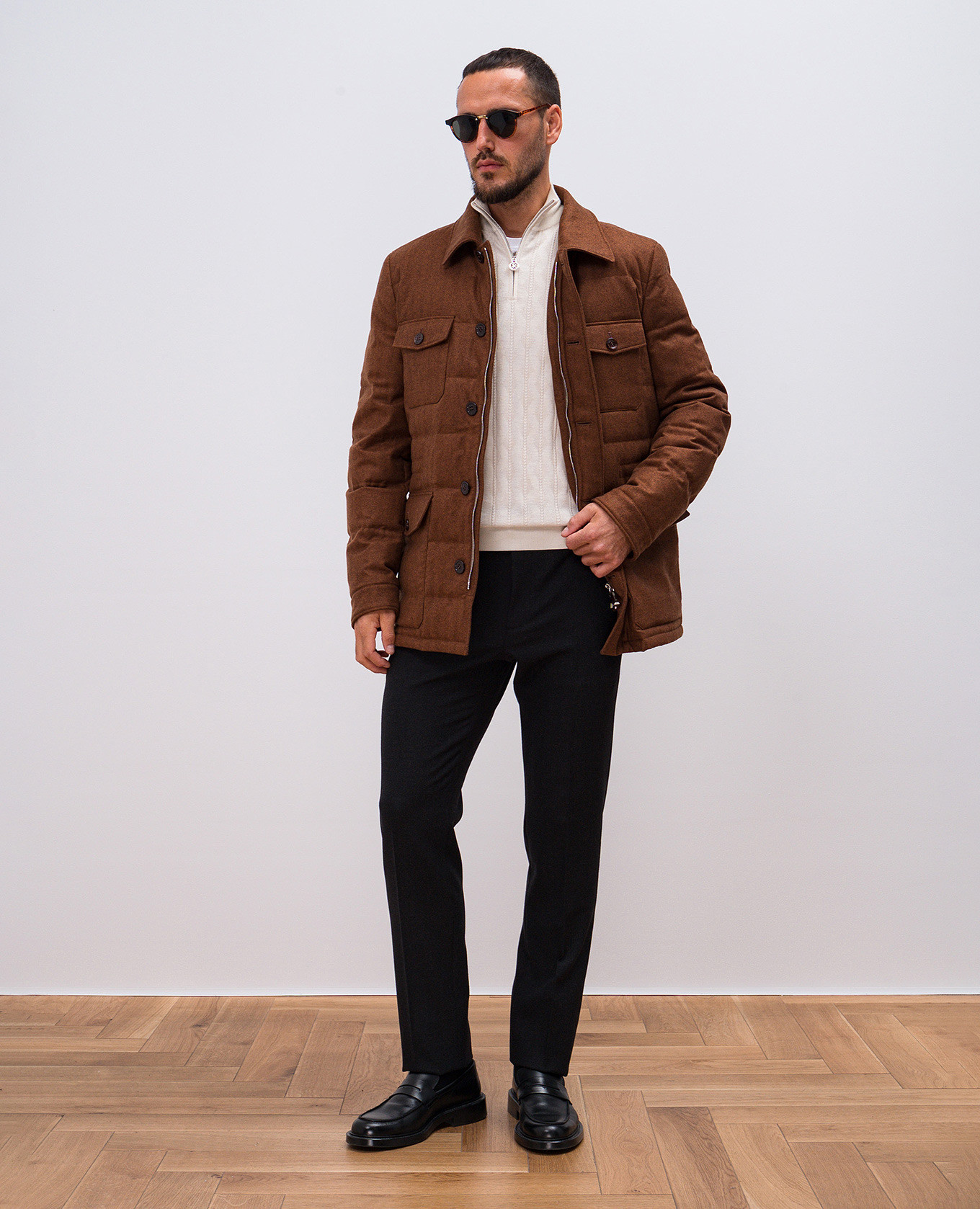 

Brown cashmere down jacket with leather inserts Stefano Ricci