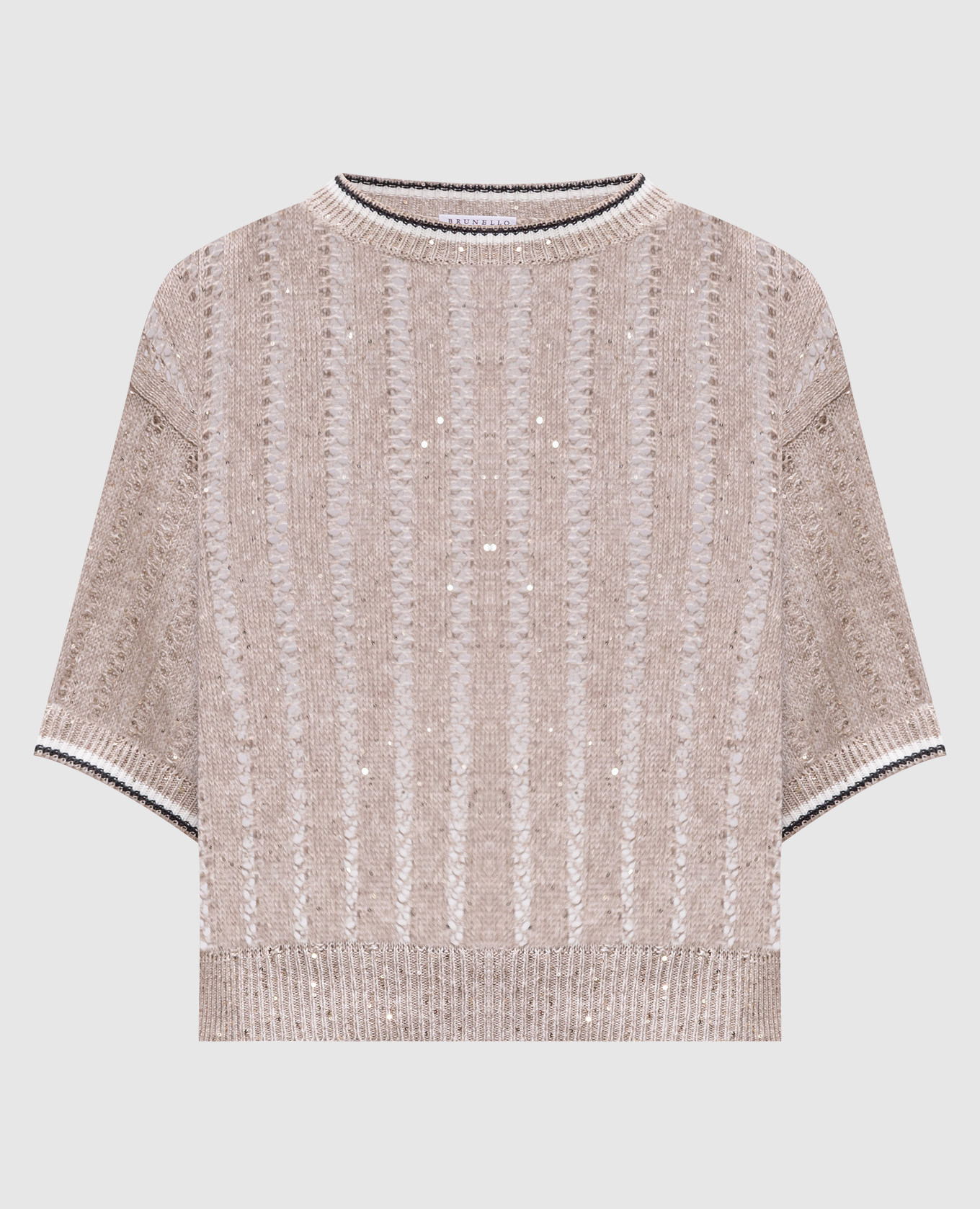 Beige linen top with openwork pattern and sequins Brunello Cucinelli