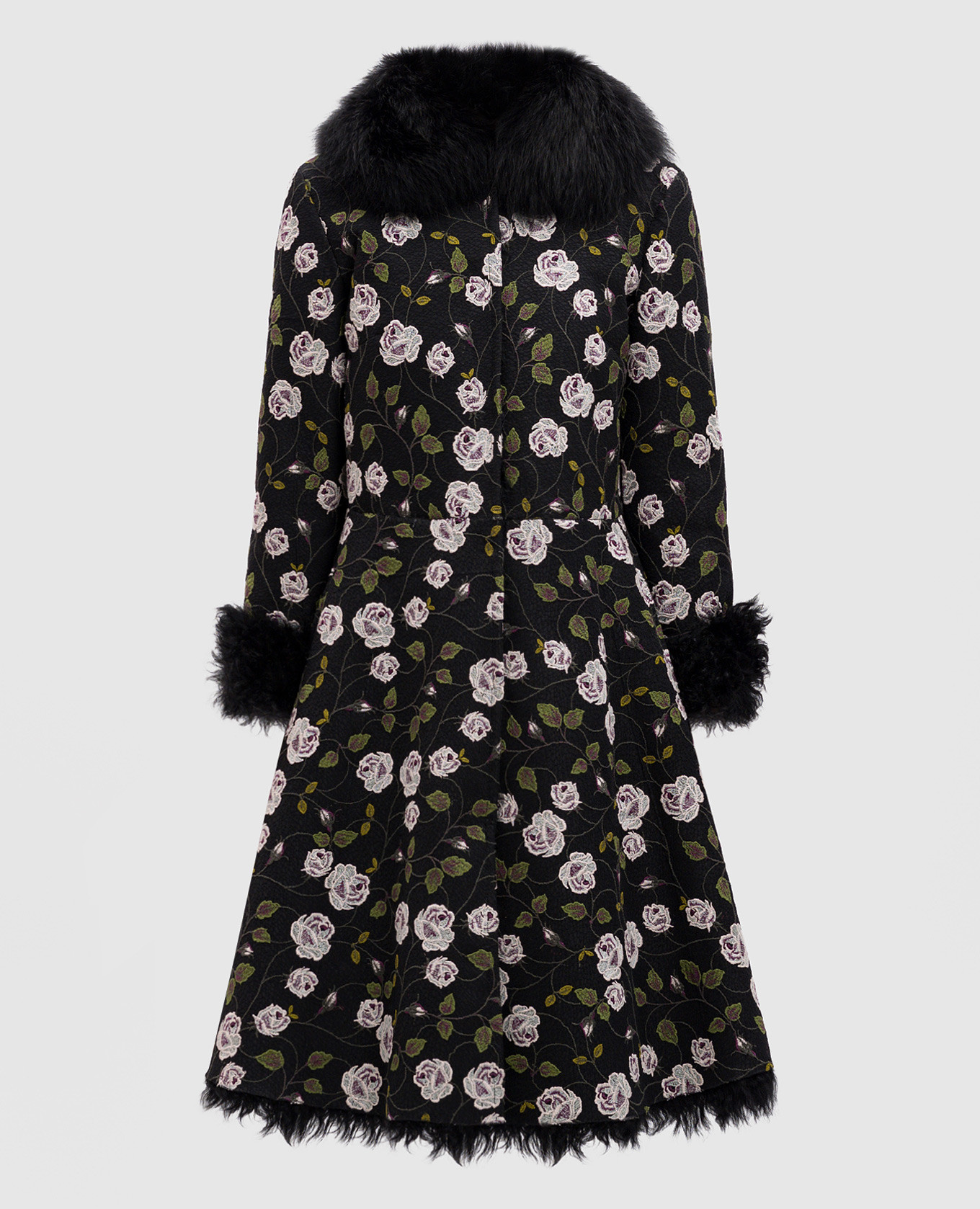 Black fur coat in a floral pattern with fox fur giambattista valli