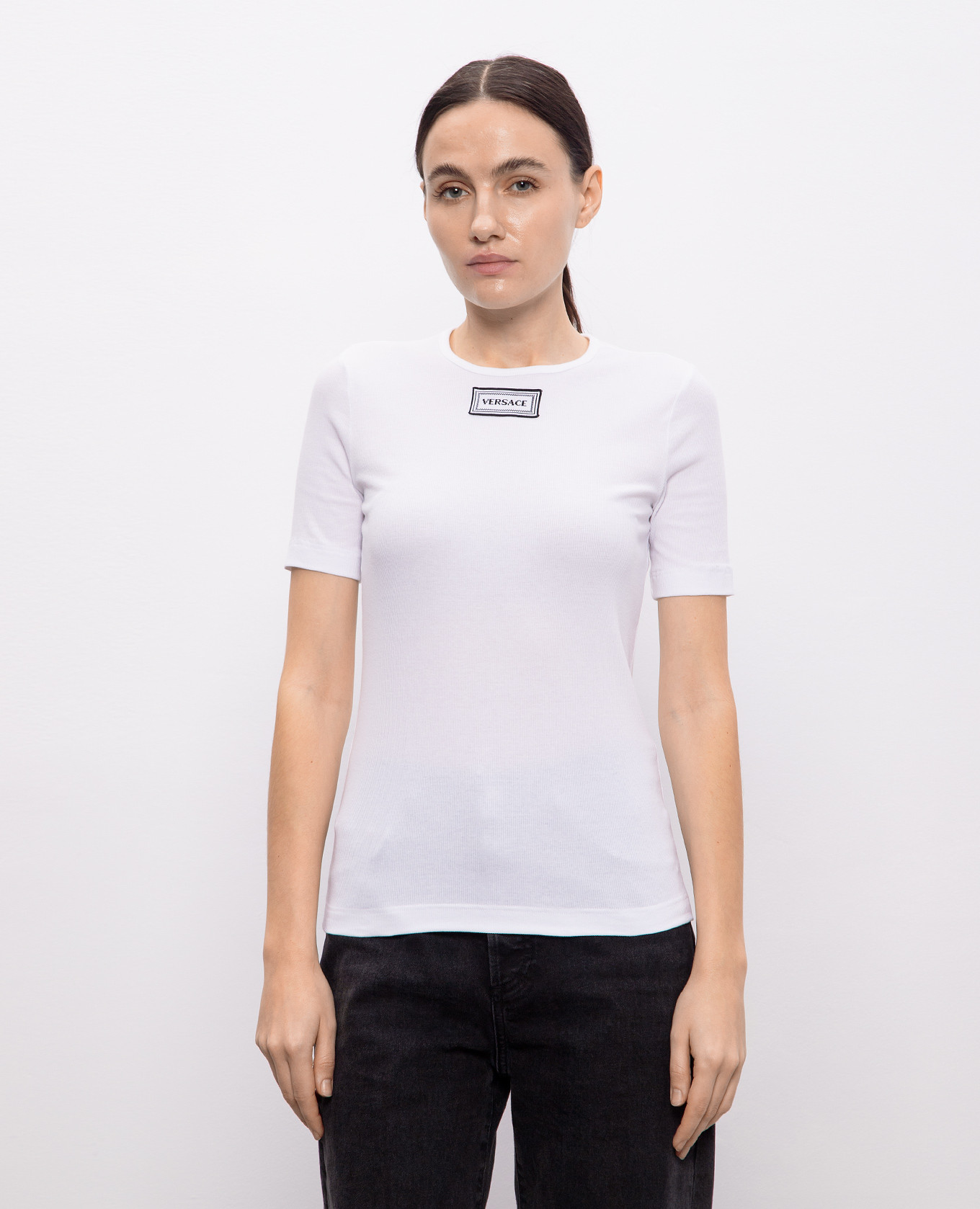 

White ribbed T-shirt with logo patch Versace